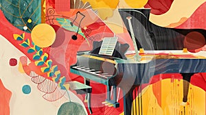 Illustration in retro style comprises piano and abstract paper cuts in a mixed media collage photo