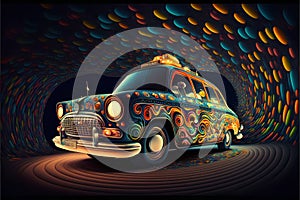 illustration of a retro taxi in the dark tunnel with colorful lights