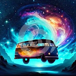 Illustration of a retro van on the background of the night sky AI Generated