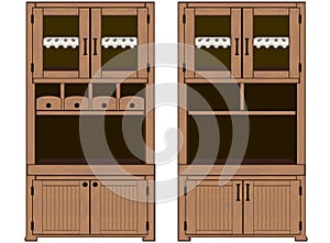 Illustration - retro wooden cupboards with napkins, drawers, shelves,...