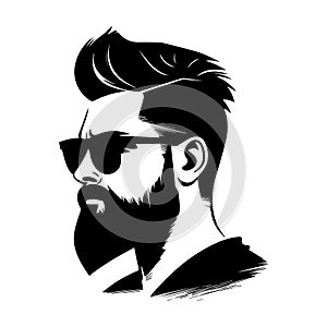 Illustration of revolver of man with beard and sunglasses black and white style.