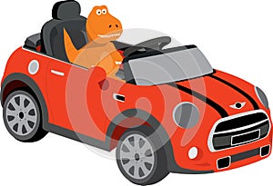 illustration of a rex dinosaur who rides in a mini car