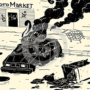 Illustration of riots in the city and a burning car