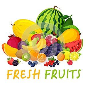 Illustration with ripe summer fruits and berries. Bright juicy image.