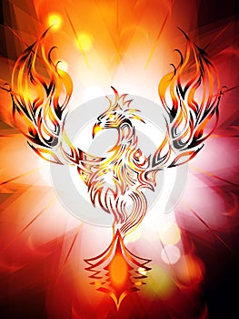 Illustration of rising Phoenix against red dark background as symbol of rebirth. Elements are layered separately in vector file. photo