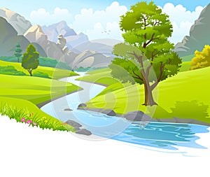 An illustration of a river flowing through mountains, hills and through scenic green fields