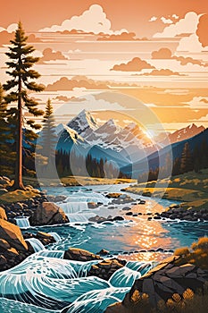 Illustration of river stream with sunset