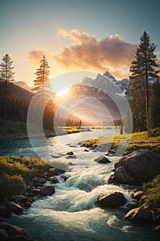 Illustration of river stream with sunset