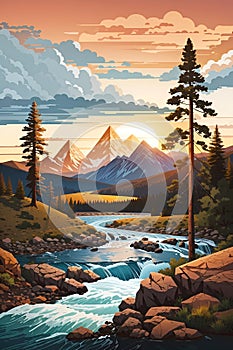 Illustration of river stream with sunset