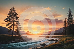 Illustration of river stream with sunset