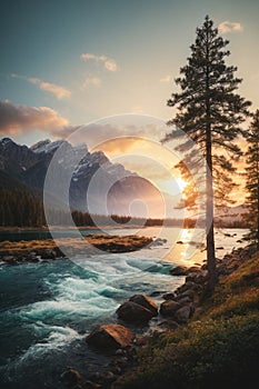 Illustration of river stream with sunset