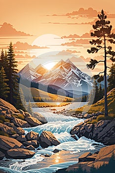 Illustration of river stream with sunset
