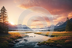 Illustration of river streamwith sunset