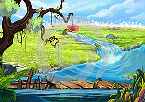 Illustration: The Riverside. Tree, Flowery Fields, and Bridge.