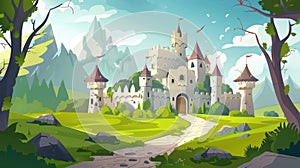 An illustration of a road leading to a magical nobility chateau with a gate and tower in a green valley. A modern photo