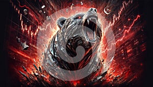 Illustration of roaring bear on abstract red charts, stock market. crypto currency