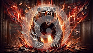 Illustration of roaring bear on abstract red charts, stock market. crypto currency
