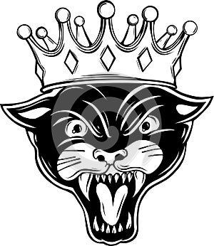 illustration of roaring panther with royal crown black and white vector design on white background