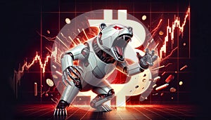 Illustration of roaring robot bear on abstract red charts, stock market. crypto currency