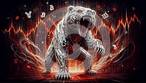 Illustration of roaring robot bear on abstract red charts, stock market. crypto currency