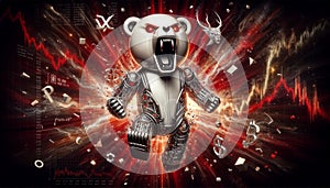 Illustration of roaring robot bear on abstract red charts, stock market. crypto currency