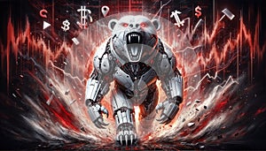 Illustration of roaring robot bear on abstract red charts, stock market. crypto currency