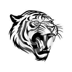 Illustration of roaring tiger in black and white style.