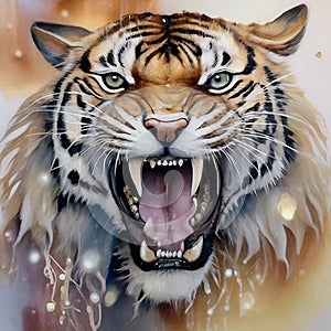 Illustration of a roaring tiger's head, close-up. Tiger is white and brown. Open mouth of a tiger with white fangs.