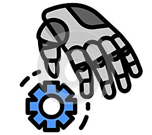 Illustration of robot hand and gear.