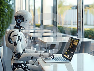 illustration Robot humanoid use laptop and sit at table in future office while using AI thinking brain, artificial intelligence