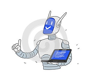 Illustration of a robot with a laptop. Vector. Cartoon android developer. Mascot of the company. Data protection. Online programmi photo