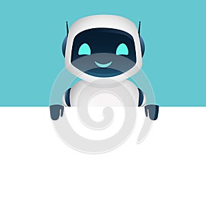 Illustration robot peep out from behind the corner white walls banner on blue background