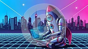 Rocket Robot Coding Laptop Futuristic Startup, AI, Technology