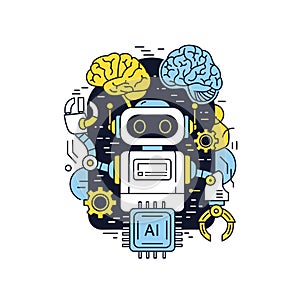 Illustration of a robot surrounded by gears, brains, and an ai chip, , symbolizing artificial intelligence and technology