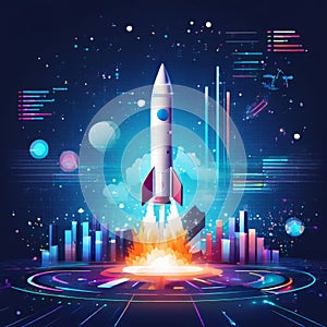 illustration. rocket launch on blue background.