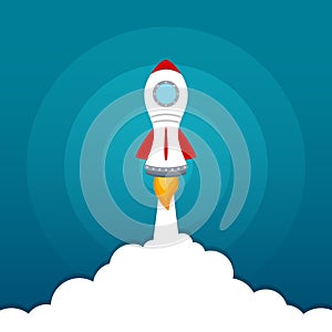 Rocket launch icon on blue sky background