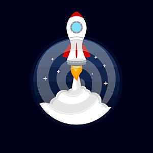 Rocket launch icon on blue sky background