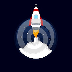 Rocket launch icon on blue sky background