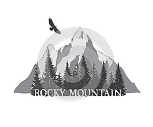 Illustration of rocky mountains and forest silhouette