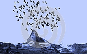 Illustration of rocky mountains landscape and flying birds flock against clear blue sky. Migrating birds concept.