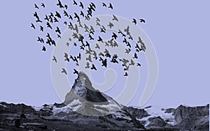 Illustration of rocky mountains landscape and flying birds flock against clear blue sky. Migrating birds concept.