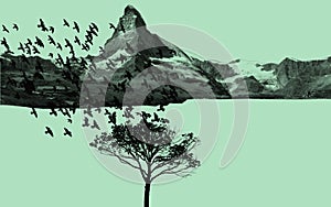 Illustration of rocky mountains landscape, isolated tree and flying birds flock against clear blue sky. Migrating birds concept.