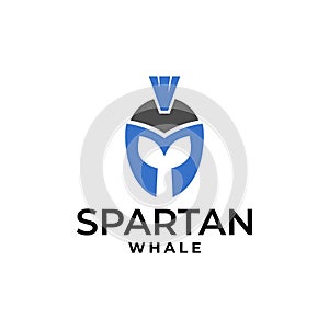 Illustration of a roman soldier helmet with a whale tail on the negative space. medieval vector logo template