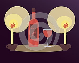 Illustration of a romantic candlelight dinner with a bottle of wine. red wine in a glass on a dark purple background