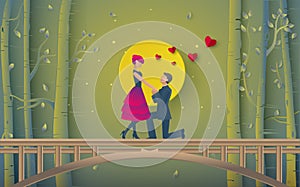 illustration of romantic couple have proposal of marriage on the bridge.