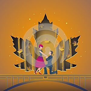 Illustration of romantic couple have proposal of wedding on autumn forest bridge. Covered by leaf paper cut.