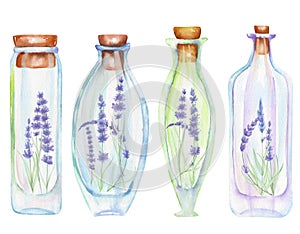 Illustration romantic and fairytale watercolor bottles with tender lavender flowers inside
