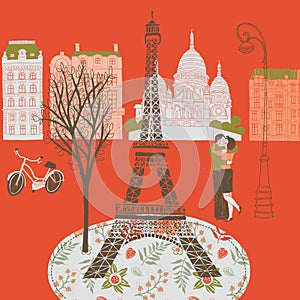 Illustration of romantic scene from Paris, France