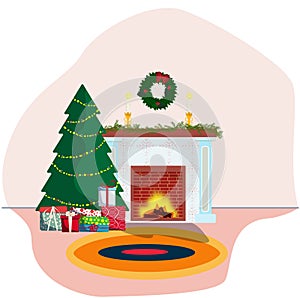 Illustration of a room decorated with Christmas decorations with a fireplace.