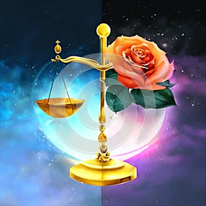 Illustration of a rose and scales of justice on a fantasy background Generative AI
